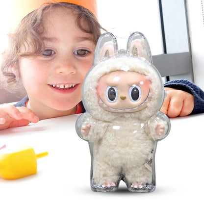 Labubu Transparent Protective Cover for Elf Doll - Cute Monster Toy Storage & Display Case for Party Plushies
