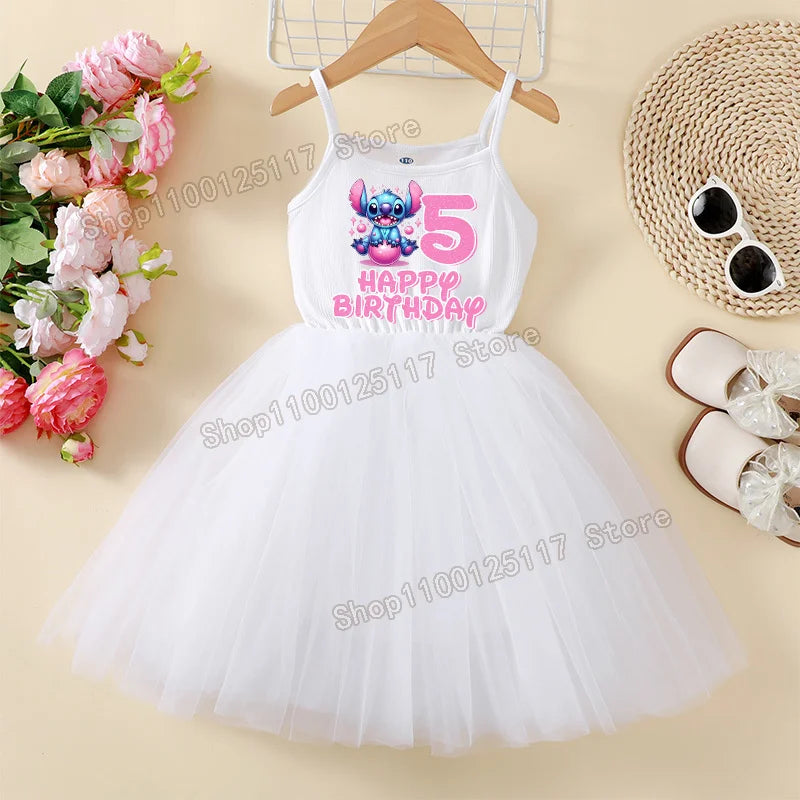 Disney Stitch Baby Girl Tulle Dress — Birthday Number 1-9 Party Skirt, Cute Summer White Dress for Kids