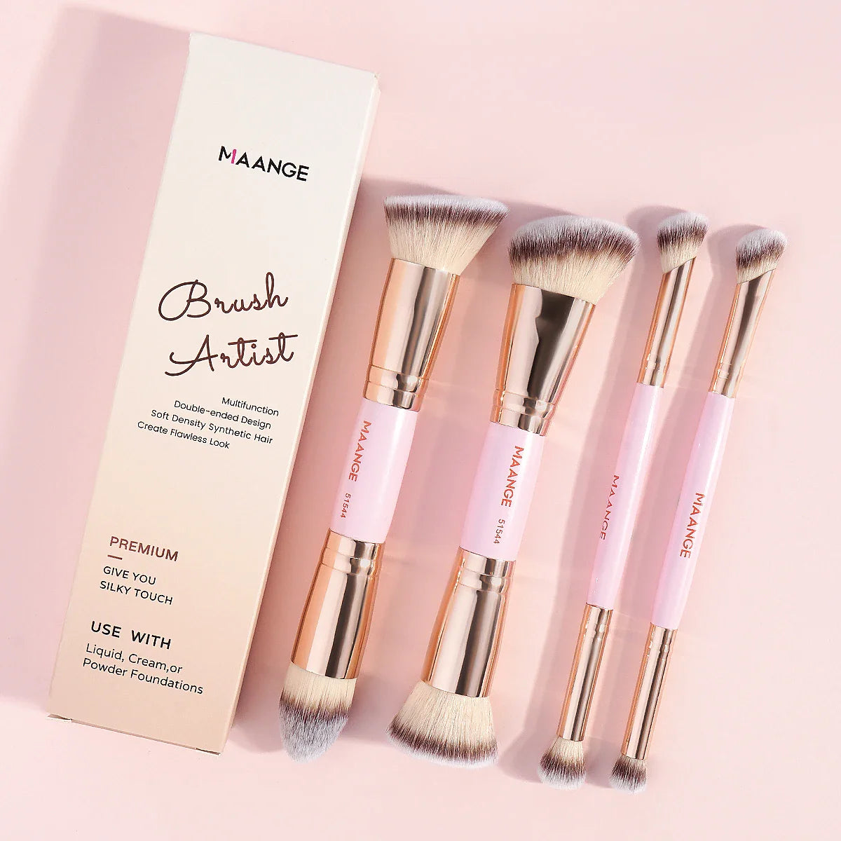 MAANGE 4PCS Basic Makeup Brush Set – Dual-Ended Foundation, Powder, Blush & Eyeshadow Brushes with Travel Box