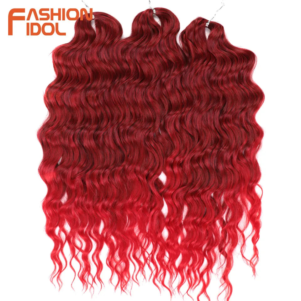 FASHION IDOL 24" Deep Wave Crochet Hair - 3-Piece Synthetic Water Wave Braiding Extensions, Ombre Rainbow Twist Hair