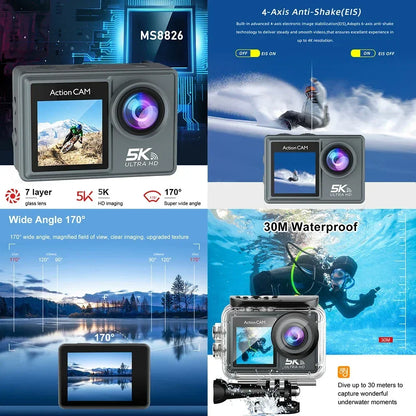 F6W Action Camera — 5K/4K60FPS, 48MP, 2.2" Touch LCD, EIS, Dual Screen, Wi-Fi, 170° Waterproof 30M, 8X Zoom Sports Camera with Wireless Mic