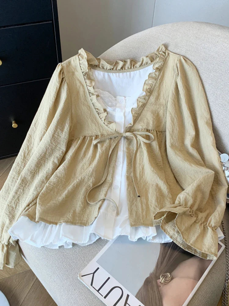 Casual Women’s Lace Collar Shirt – Sweet Fake Two-Piece Long Sleeve Top, Autumn 2024 Fashion