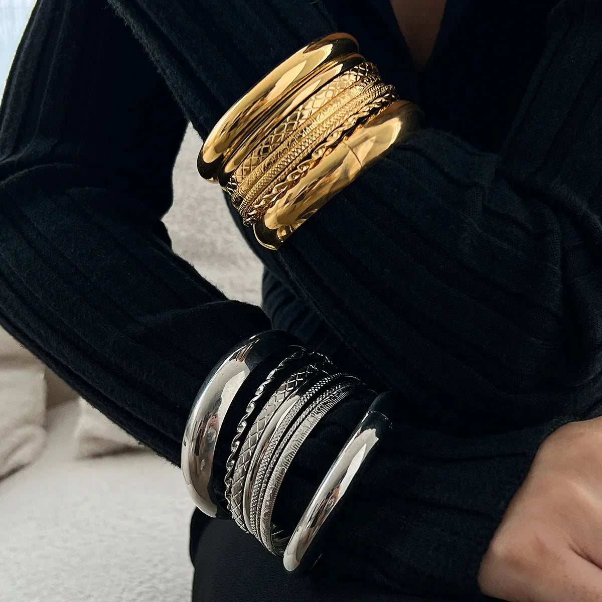 KMVEXO Stainless Steel Twist Texture Bracelet Set for Men & Women – Gold & Silver Bangles Statement Streetwear Goth Jewelry