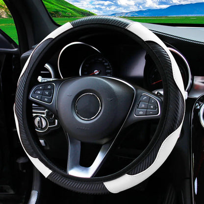 PU Carbon Fiber Leather Steering Wheel Cover — No Inner Ring, Fits 14.5-15 Inch Cars