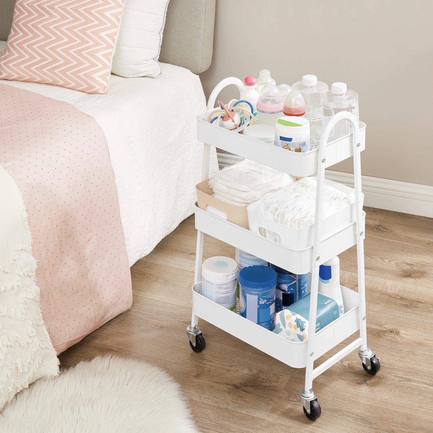 SONGMICS 3-Tier Rolling Utility Cart — Metal Storage Trolley with Wheels, Brakes & Handles for Kitchen or Home Organization