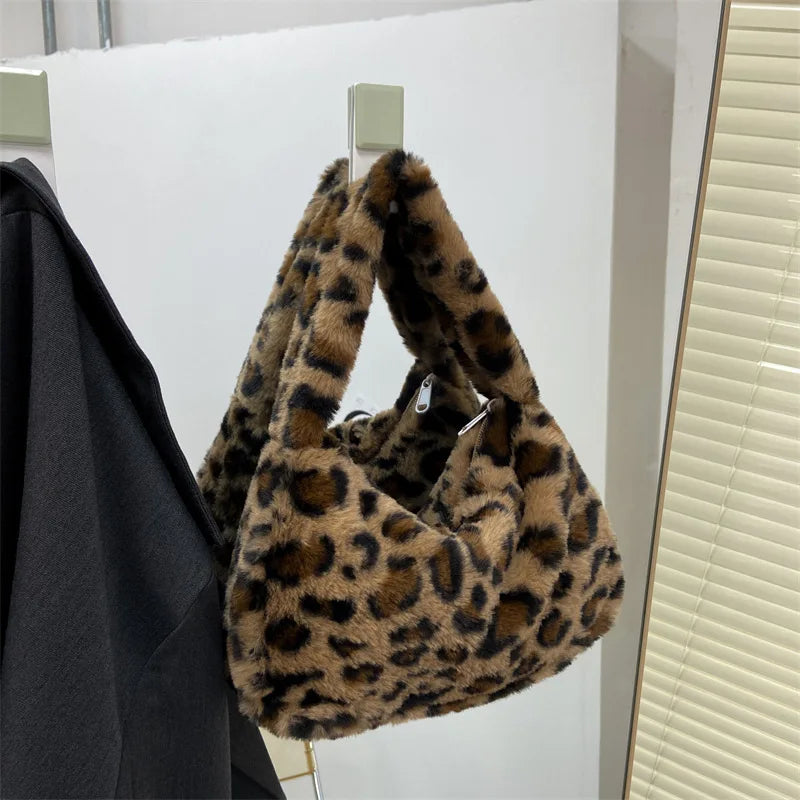 Leopard Plush Tote Bag - Soft Casual Underarm Shoulder Handbag for Women