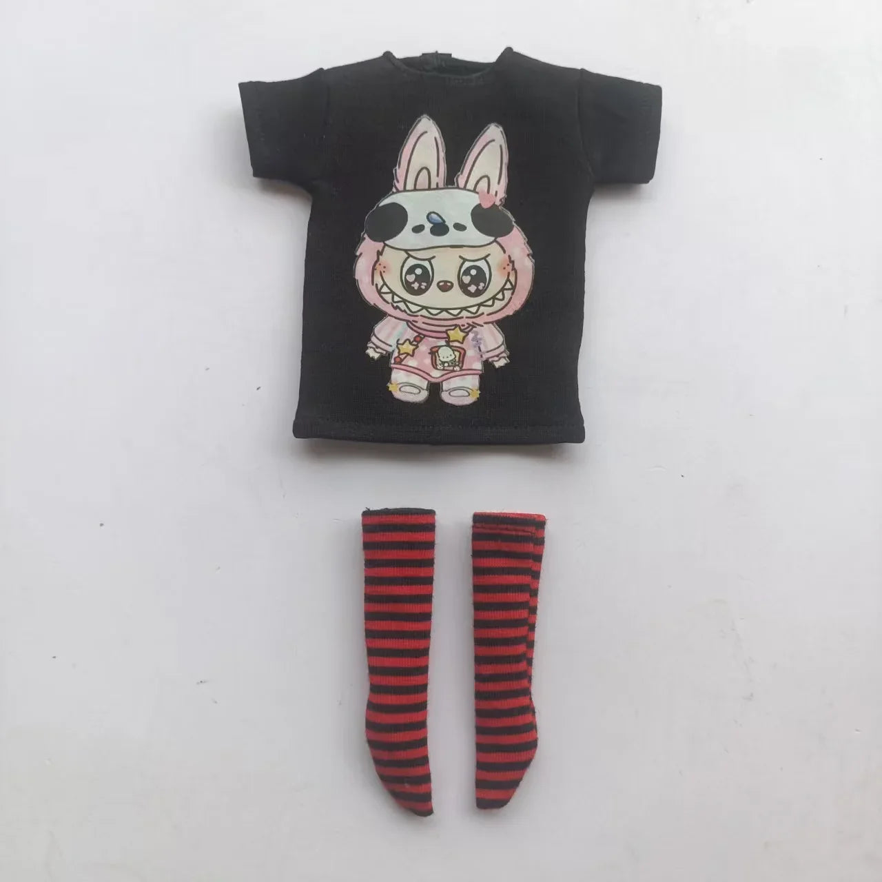 Handmade OB24 1/6 Blyth Doll Clothes – Cartoon T-Shirt with Striped Socks for 1/6 Doll Accessories