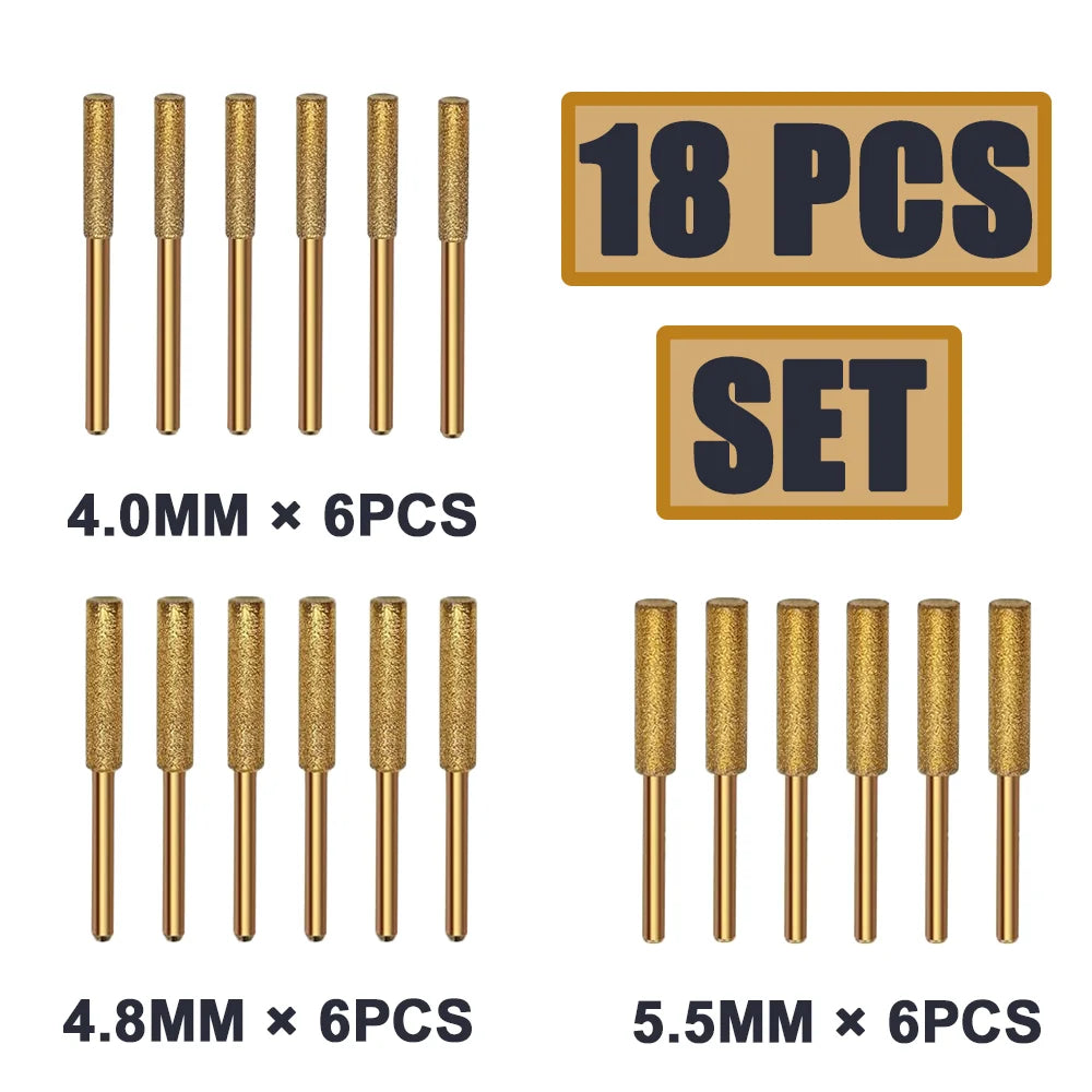 18PCS Diamond Coated Chainsaw Sharpener Set – 4/4.8/5.5mm Cylindrical Burr Grinding & Engraving Titanium Chain Saw Sharpening Tools