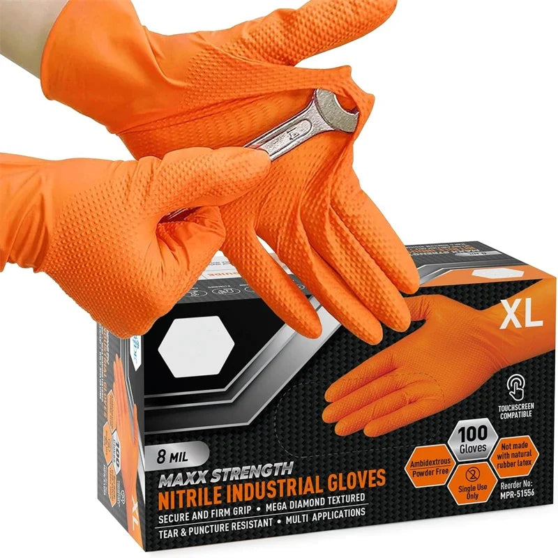 Heavy Duty Orange Nitrile Gloves 8Mil – Industrial Disposable Work Gloves with Diamond Grip for Mechanic Safety