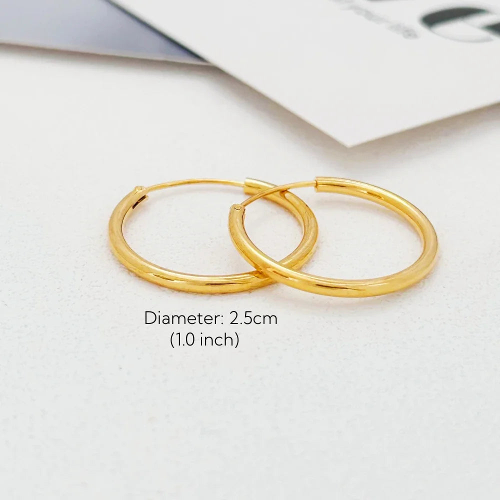 Gold-Plated Large Round Hoop Earrings — Smooth Stainless Steel Circles for Women, Multiple Sizes 12–60mm, Jewelry Gift