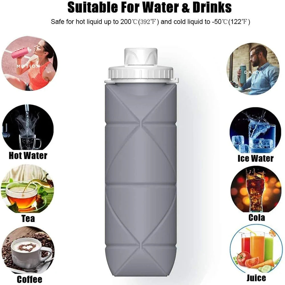 Stay Hydrated Anywhere: 600ML Silicone Folding Water Cup - Collapsible & Leakproof Water Bottle for Travel, Gym, Camping, Hiking - Portable Sports Kettle Drinkware