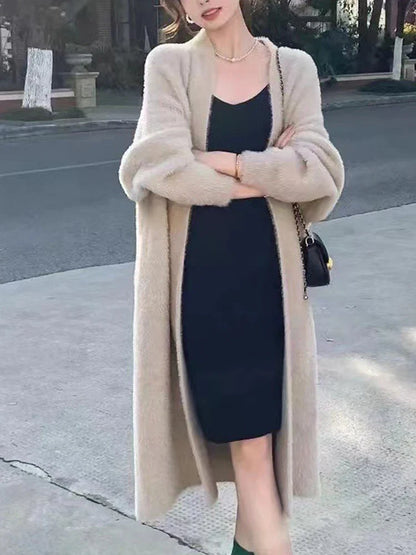 Autumn/Winter Women’s Lazy Style Knee-Length Cardigan – Thickened Imitation Mink Fleece Knitted Sweater, Warm Coat