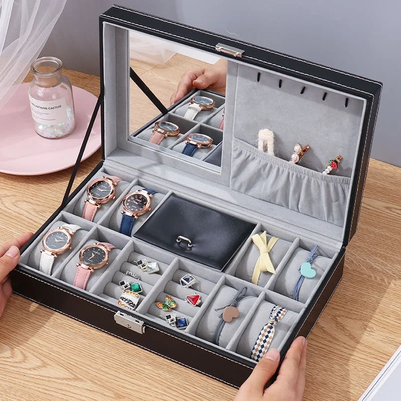 PU Leather Jewelry & Watch Organizer Box — Storage Case for Rings, Earrings, Bracelets, Perfect Gift Casket
