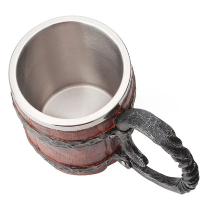 Viking-Style Wooden Beer Mug – Insulated Metal Barrel Cup for Drinks (1PCS)