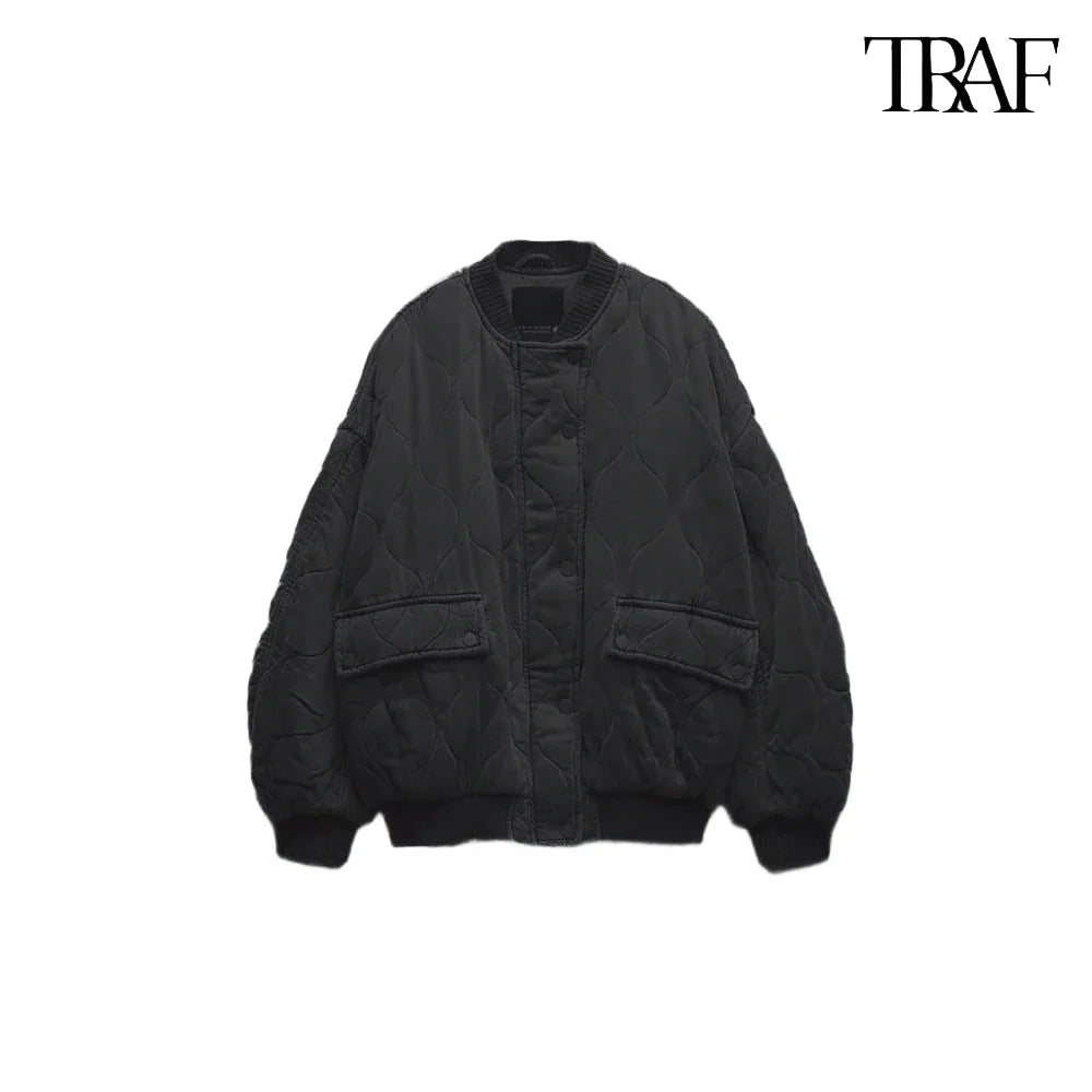 TRAF Women’s Quilted Aviator Jacket – Solid Color Round Collar Long Sleeve Casual Coat