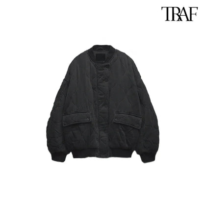 TRAF Women’s Quilted Aviator Jacket – Solid Color Round Collar Long Sleeve Casual Coat