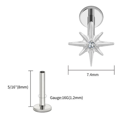 Right Grand ASTM F136 Titanium CZ North Star 16G Flat Back Earring – Tiny Starburst Helix, Cartilage & Earlobe Stud Piercing Jewelry