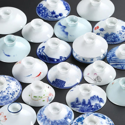 Ceramic Sancai Tea Bowl with Lid – Blue & White Porcelain Cover for Kungfu Tea Set Household Accessories