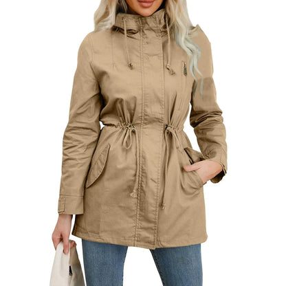 Women’s Hooded Trench Coat - Fitted Solid Color Jacket for Spring, Autumn & Outdoor Wear