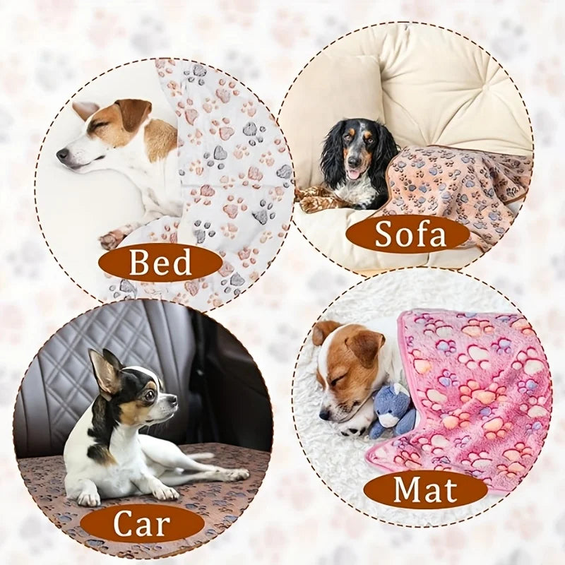 Flannel Pet Blanket - Cute Paw Print Mat for Warm Comfortable Dog & Cat Puppy Kitten Bedding