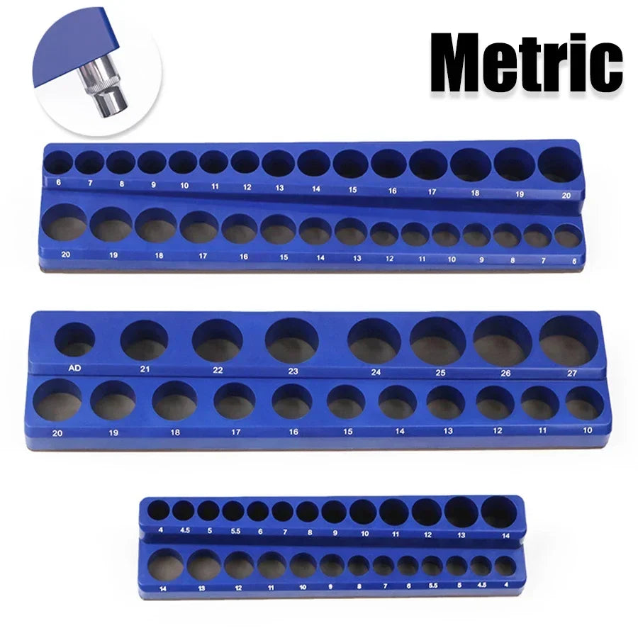 Blue Magnetic Socket Storage Rack - 1/4", 3/8" & 1/2" Drive Metric Tool Organizer Holder