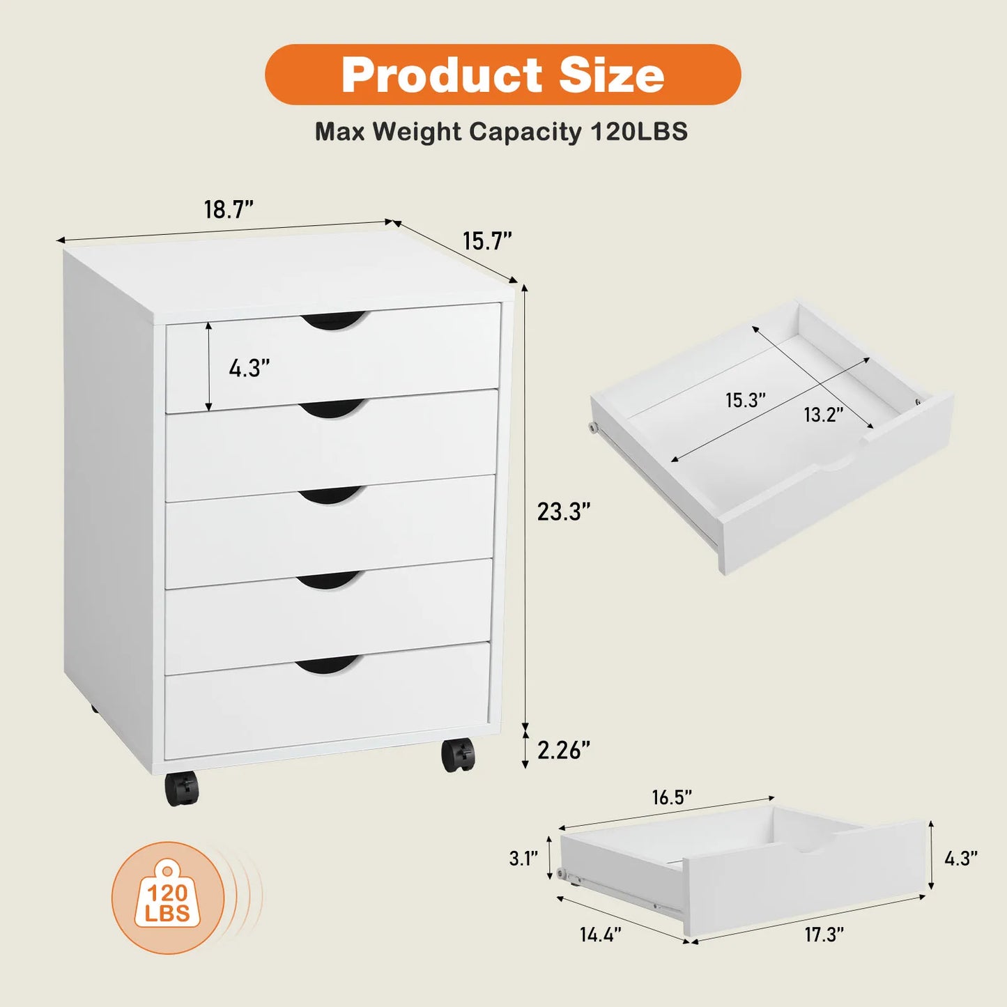 Wood Nightstand Cabinet with 5 Drawers – Waterproof Surface Storage Organizer with Rotating Wheels, Easy-Move Bedside Table for Office