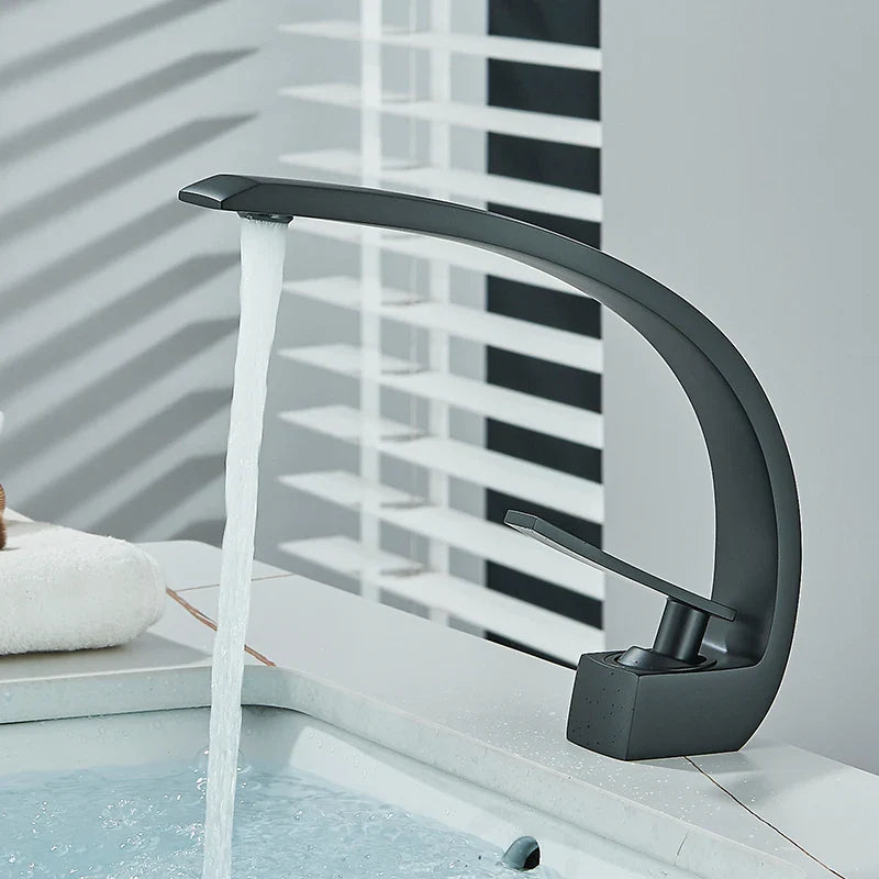 Brass Bathroom Faucet - Single Handle Basin Sink Mixer Tap with Hot & Cold Water, Beautiful Curve Design, Deck Installation