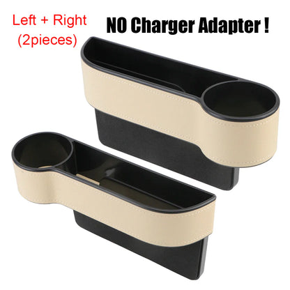 Car Seat Gap Organizer – Leather Auto Crevice Storage Box with Cup & Phone Holder, USB Option