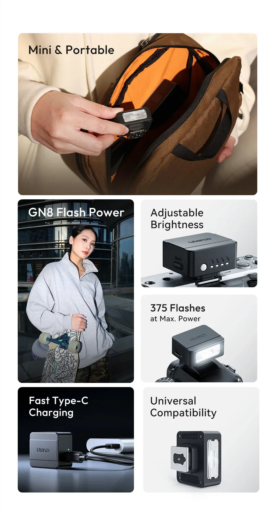 Ulanzi SL01/SL02 Mini Camera Flash – GN8 6500K SpeedLite for Canon, Sony, Nikon, Fuji DSLR, Vlog & Outdoor Photography