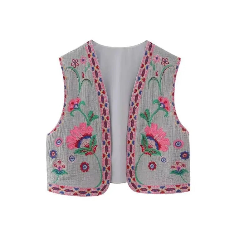KEYANKETIAN Women's Vintage Floral Embroidered Open Waistcoat – National Style Vest Jacket, Casual Vacation Crop Top