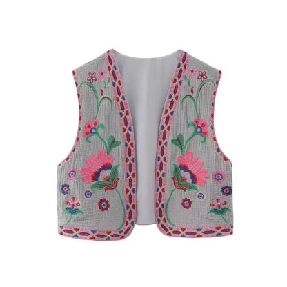 KEYANKETIAN Women's Vintage Floral Embroidered Open Waistcoat – National Style Vest Jacket, Casual Vacation Crop Top