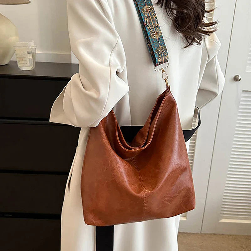 Wide Geometric Strap Shoulder Bag - Large Capacity Crossbody PU Leather Bag for Women, Retro Style for Shopping and Travel