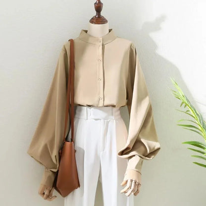 Women’s Spring & Autumn Blouse — Loose Shirt with Long Lantern Sleeves and Stand Collar