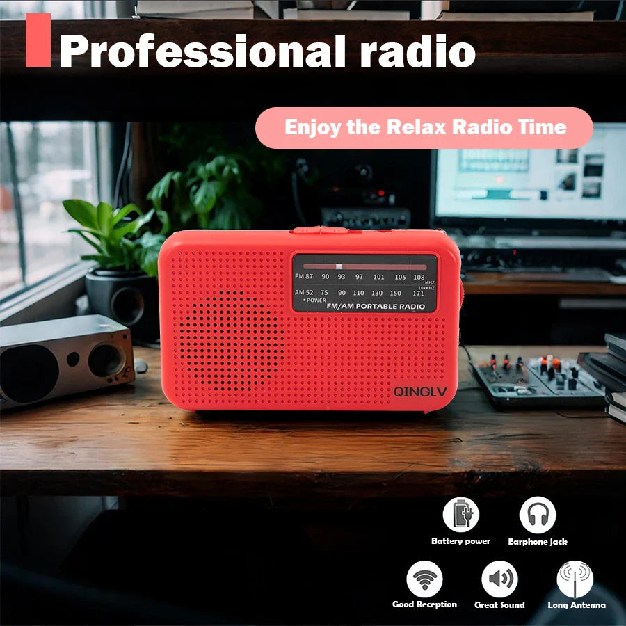 Mini FM/AM Two-Band Radio — 1W Loud Speaker with 3.5mm Headphone Jack & 180° High-Performance Antenna for Home Use