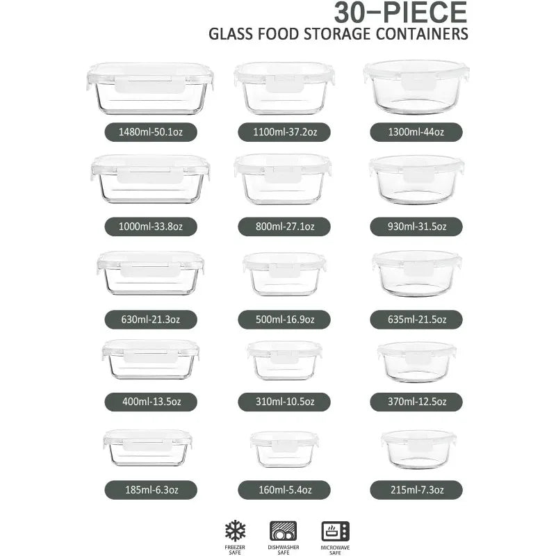 30-Piece Glass Food Storage Container Set — Airtight Meal Prep Containers with Upgraded Snap-Lock Lids, Oven Safe