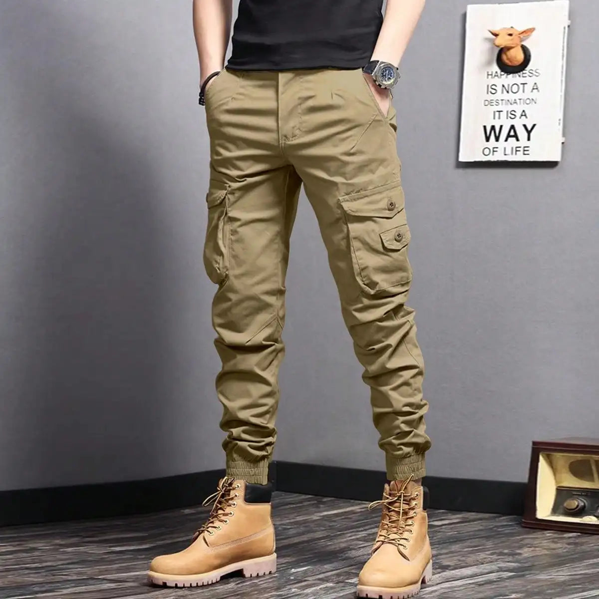 Men's Casual Cargo Pants — Side Flap Pocket Tapered Workwear for Spring & Fall Outdoor Activities