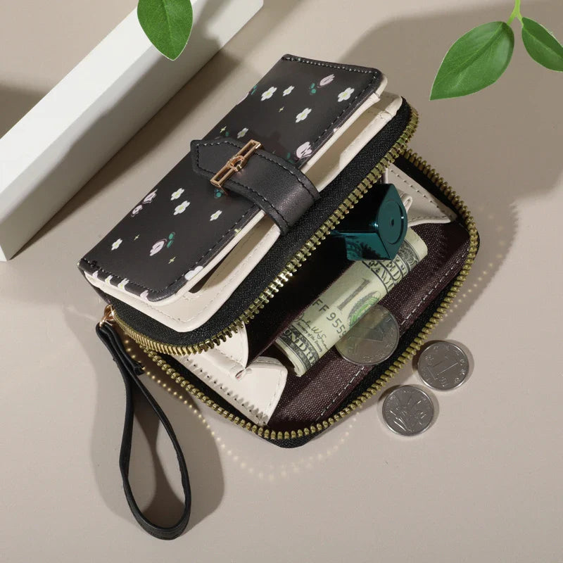 Flower Patterned Credit Card Holder – Small Zipper Card Case Wallet for Women & Men, Handheld and Compact