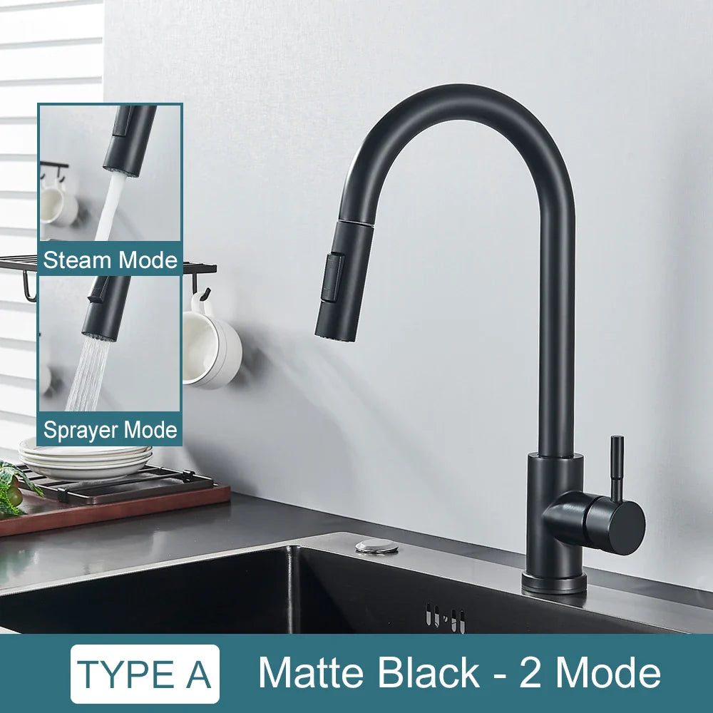 Black Kitchen Faucet - Two-Function Single Handle Pull-Out Mixer Tap with Hot & Cold Water, Deck Mounted