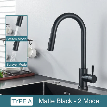 Black Kitchen Faucet - Two-Function Single Handle Pull-Out Mixer Tap with Hot & Cold Water, Deck Mounted
