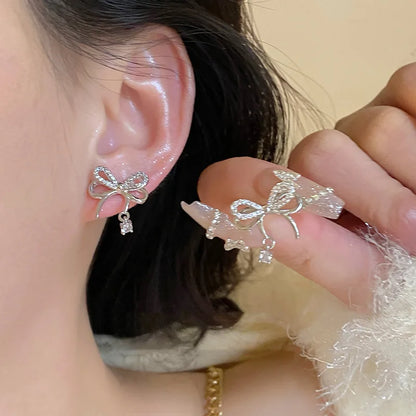 Y2K Bowknot Zircon Stud Earrings - Pink Crystal Silver-Tone Party Jewelry for Women