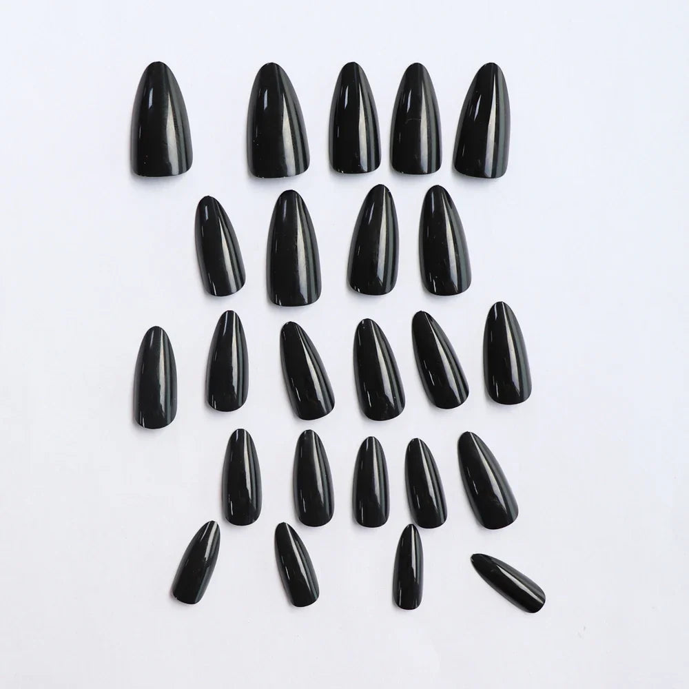 24-Piece Black Square Press-On Nails - Long Ballet Almond False Nail Tips for Women & Nail Art