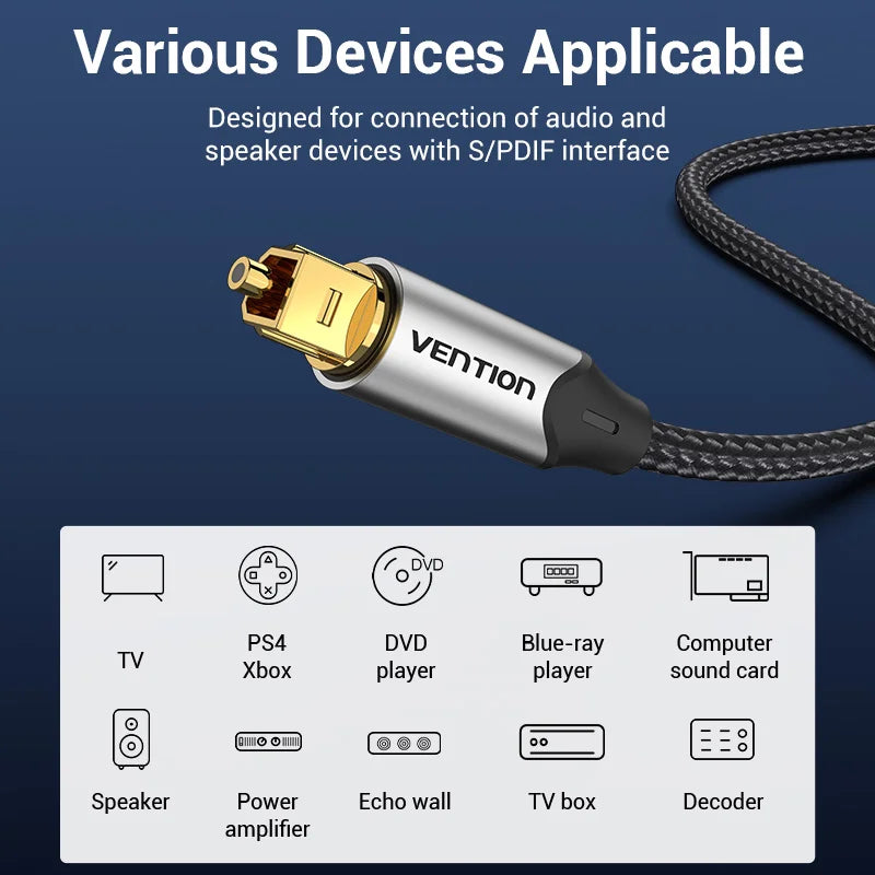 Vention Digital Optical Audio Cable – Toslink SPDIF Coaxial, 1m/2m for Amplifiers, Blu-ray, Xbox 360, PS4, Soundbar Fiber Cable