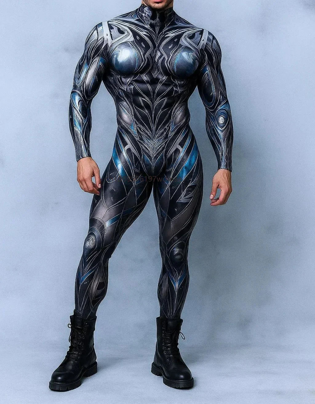 Men's Cyberpunk Muscle Bodysuit - Sci-Fi Printed Cosplay Zentai Costume for Carnival, Stage & Performance Events