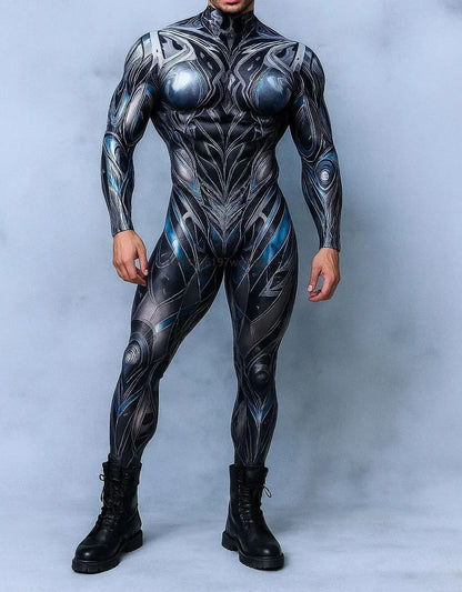 Men's Cyberpunk Muscle Bodysuit - Sci-Fi Printed Cosplay Zentai Costume for Carnival, Stage & Performance Events