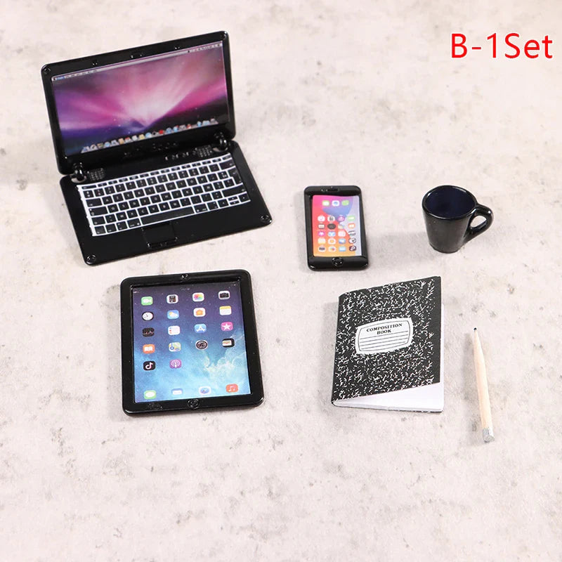 6–7PCS 1:12 Dollhouse Miniature Study Desk Set — Laptop, Phone, Tablet, Lamp & Books Scene Decor