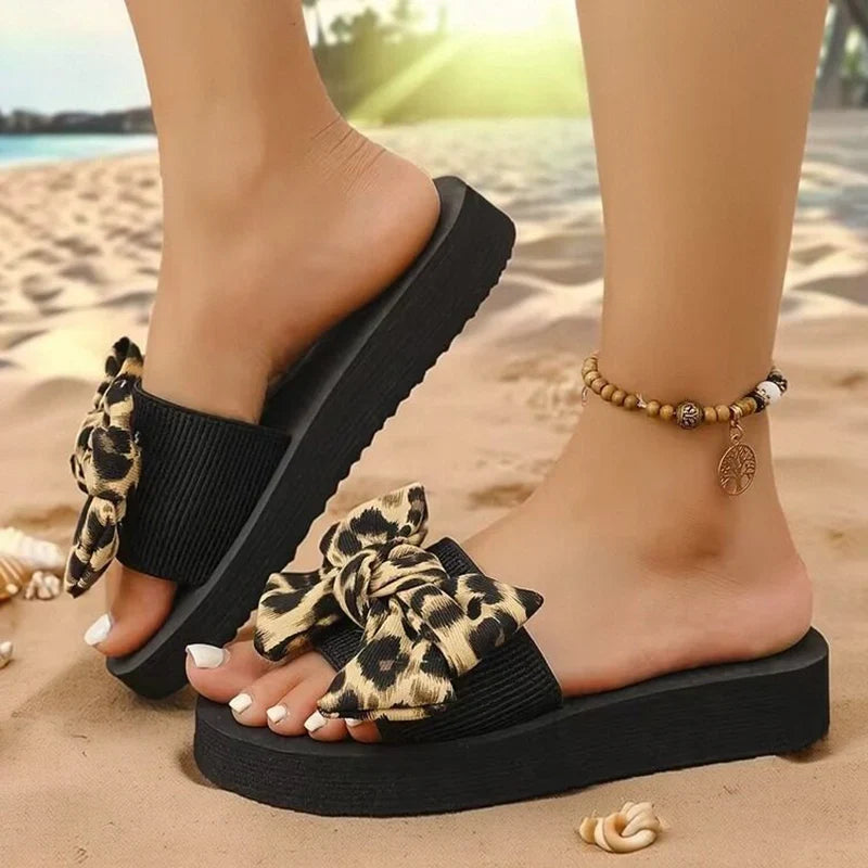 Women’s Leopard Print Bow Slippers - Lightweight Comfortable Summer Flat Slides