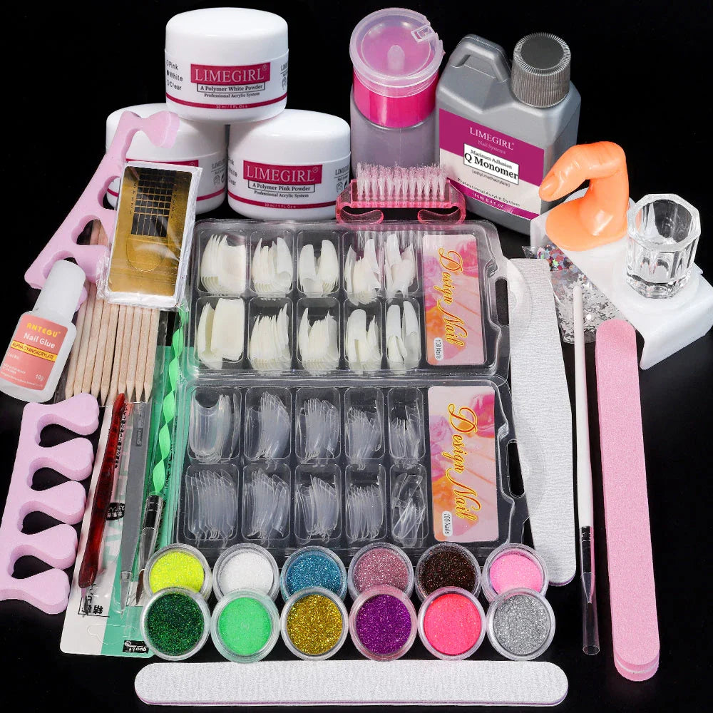 Nail Acrylic Powder and Liquid Monomer Kit – Crystal Nail Glitter, 3D Nail Tips, Carving Tools for Nail Art Decoration