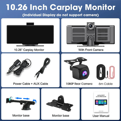 10.26'' 4K Dash Cam Car Mirror Video Player - Wireless CarPlay, Android Auto, GPS, and Rearview Camera Monitor
