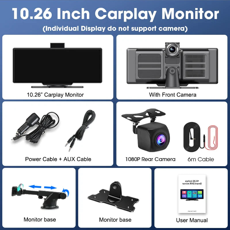 10.26" 4K Dash Cam Car Mirror — Wireless CarPlay Android Auto GPS Multimedia Rearview Camera Dashboard Monitor