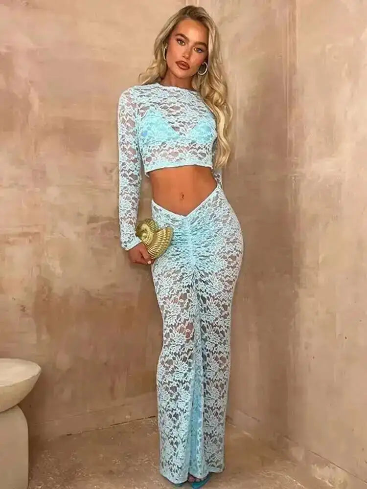 Avrilyaan Women’s 2-Piece Lace Set – Strapless Crop Top & Midi Skirt, Sexy Party Outfit Summer 2024 Fashion Elegant Clubwear Set